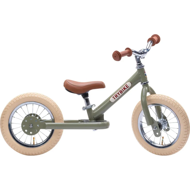 Trybike 2 Wheels Steel, Zweirädriges Balance-Bike im Vintage Green für Kinder, verstellbarer Sitz (30-45 cm), 9.65" Räder