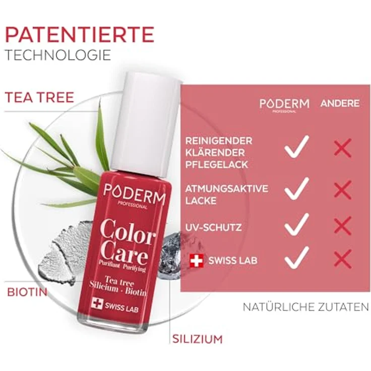 Poderm Vernis Color Care 363, Nagellack 8 ml mit Teebaumöl, Silizium und Biotin, Rouge Puissant – Bild 4