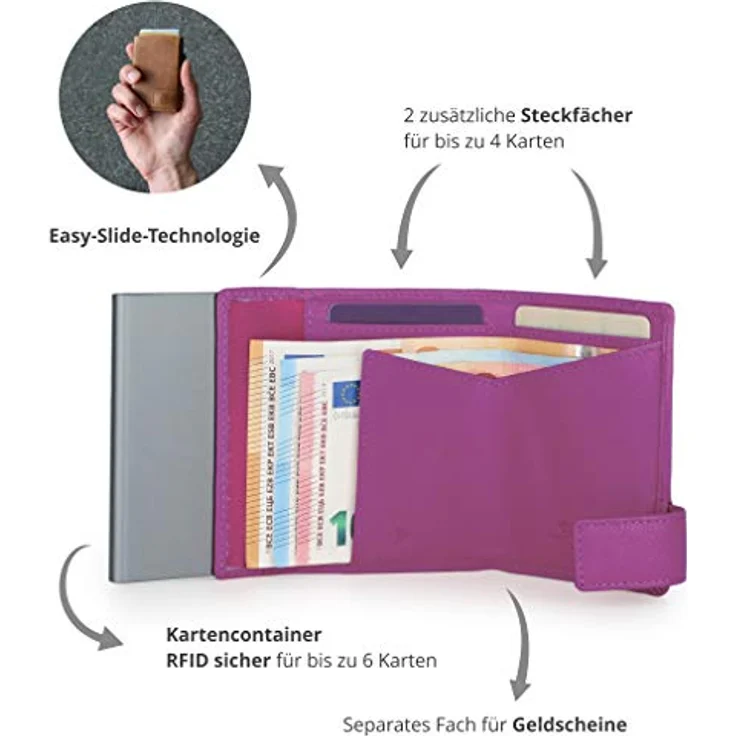 SecWal SecWal 2 Kreditkartenetui, RFID-sicheres Lederportemonnaie in lila, 9 cm x 7 cm x 2 cm – Bild 3