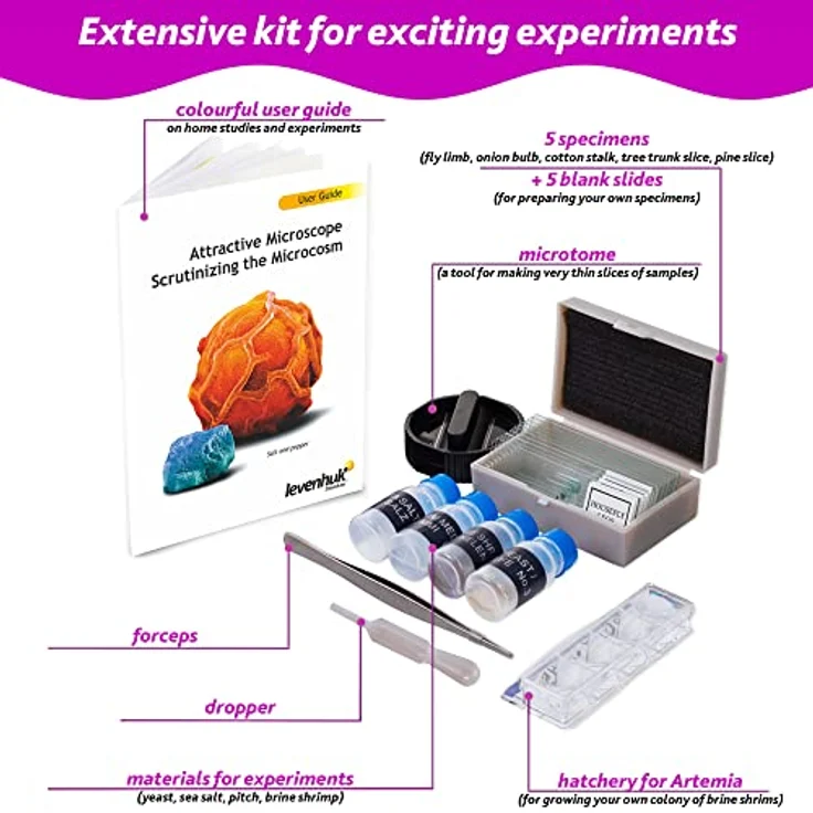 Levenhuk LabZZ M101 Amethyst, Einsteiger Mikroskop für Kinder mit 640x Zoom, LED-Beleuchtung und Experimentier-Set – Bild 4