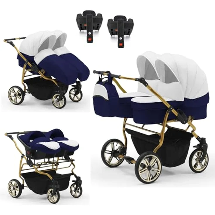 Elcar Zwillingskinderwagen 5 in 1 Duet Lux Goldedition inkl. Autositze und Iso Bases - 14 Teile - in 20 Farben – Bild 1