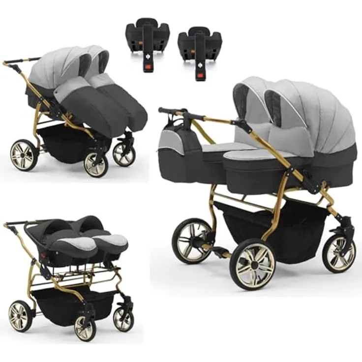 Elcar Zwillingskinderwagen 5 in 1 Duet Lux Goldedition inkl. Autositze und Iso Bases - 14 Teile - Luftbereifung, höhenverstellbarer Griff, in 20 Farben