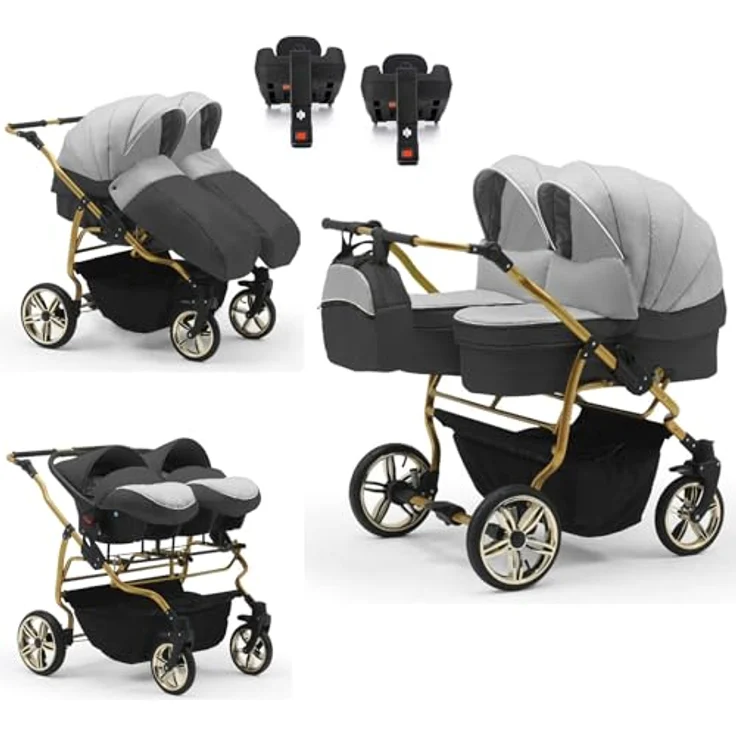 Elcar Zwillingskinderwagen 5 in 1 Duet Lux Goldedition inkl. Autositze und Iso Bases - 14 Teile - Luftbereifung, höhenverstellbarer Griff, in 20 Farben – Bild 1