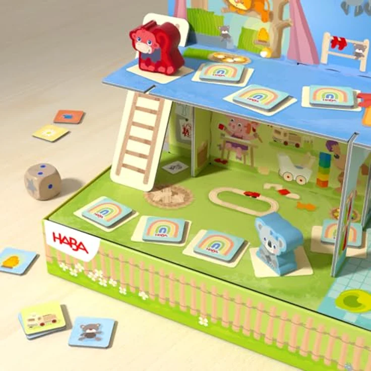 HABA Im Kindergarten Spielesammlung, 10 Spielideen im 3D-Spielhaus mit 5 Holzfiguren, ab 2 Jahren – Bild 5