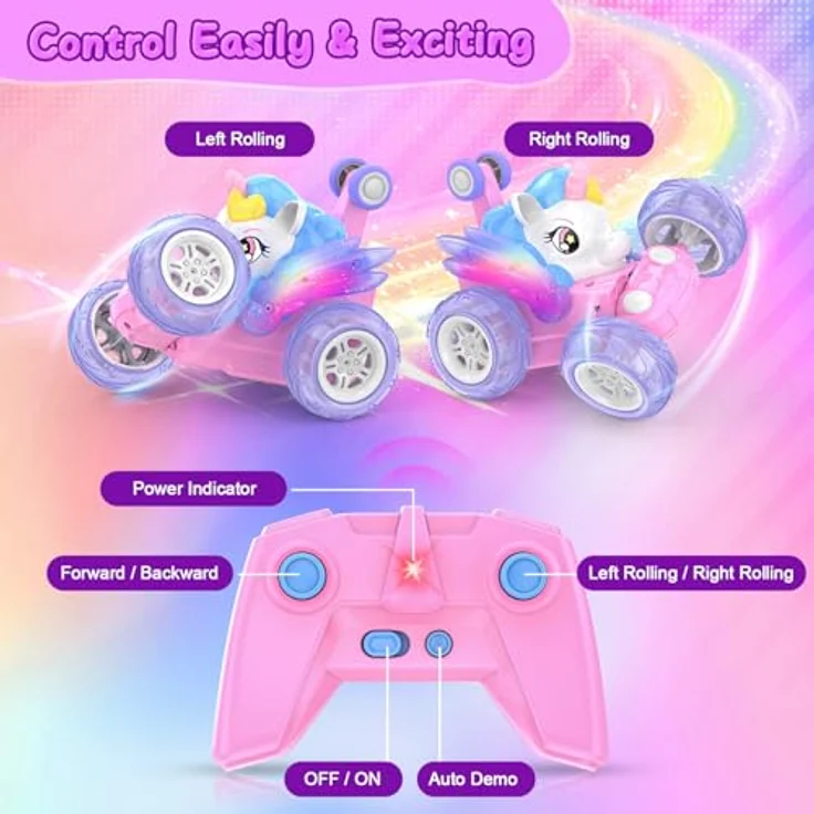 FUIOCOCP Ferngesteuertes Einhorn Auto, 2.4GHz RC Stunt Monstertruck mit Leuchtenden Flügeln, für Kinder ab 3 Jahren, Rosa – Bild 3