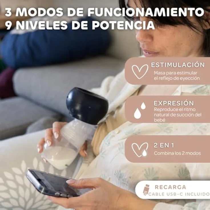 BÉABA Elektrische Milchpumpe, kabellos und leicht, 3 Modi, 9 Leistungsstufen, Geräuschlos, 180 mL Fassungsvermögen, Nachtlicht, Timer, Memory-Funktion, USB-C Ladefunktion, Night Blue – Bild 3