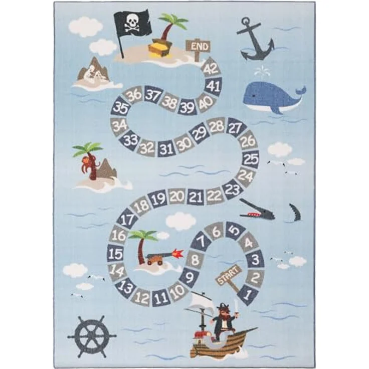 SIMPEX KinderTeppich, Piraten-Design, Blau, 100 x 150 cm, rutschfeste und OEKO-TEX zertifizierte Spielunterlage für Kinder – Bild 2