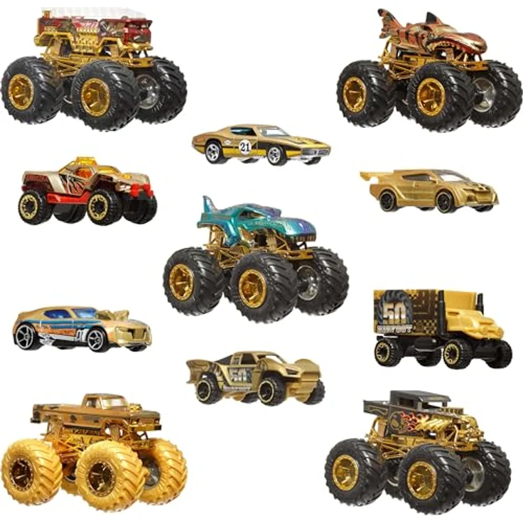 Hot Wheels Monster Trucks Trophy Champions Collection, Spielzeugautos mit Die-Cast-Bigfoot in goldfarben, 5-Alarm, Bone Shaker, Mega-Wrex und Tiger Shark, 11-teiliges Set, JDW07 – Bild 3
