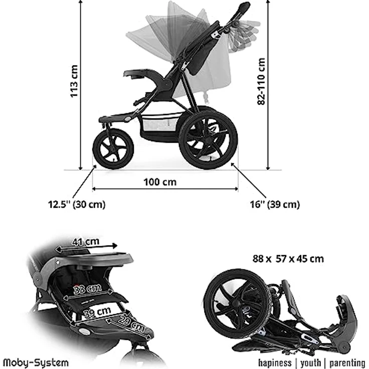 Moby-System Runner Dreirad-Kinderwagen Buggy Mountain Schwarz Für Kinder Bis 15 Kg, Es dreht sich gut Bequem Lässt sich leicht zusammenklappen, Schwarz – Bild 5