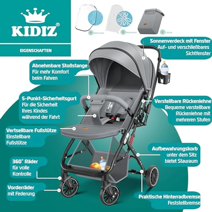 Kidiz Kinderbuggy Liegebuggy Sportwagen klappbar Faltbar 360° Räder 5-Punkt Gurt Inkl. Zubehör (blau) – Bild 2