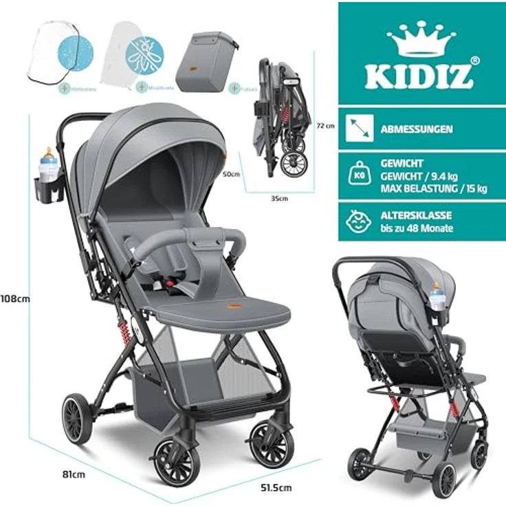 Kidiz Kinderbuggy Liegebuggy Sportwagen klappbar Faltbar 360° Räder 5-Punkt Gurt Inkl. Zubehör (blau) – Bild 5