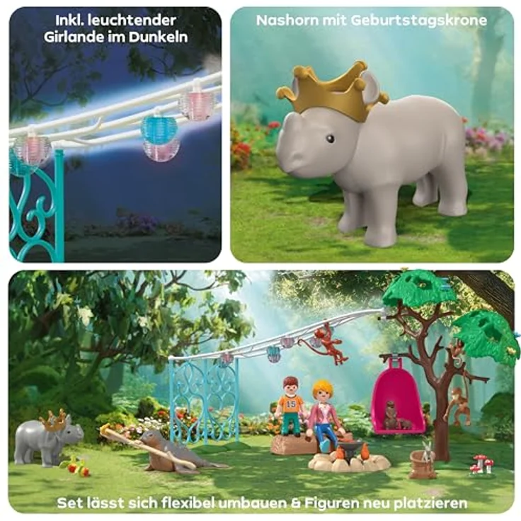 Playmobil Tiere & Freunde - Geburtstagsparty-Spaß, Spielset mit im Dunkeln leuchtender Girlande, Lagerfeuer-Szene und drehbarem Hängesessel – Bild 4