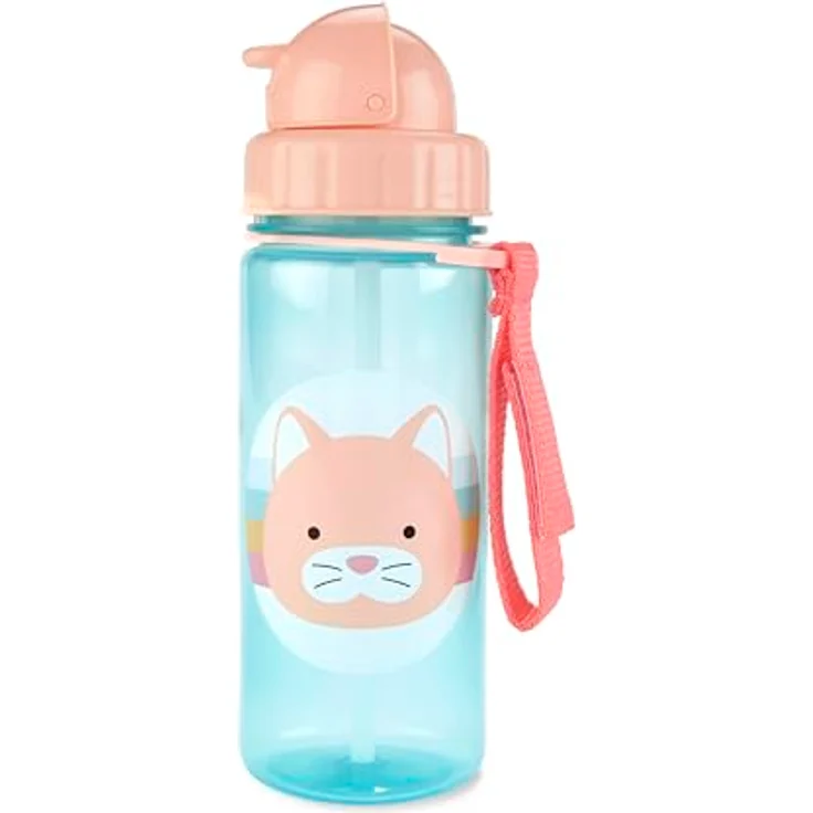 Skip Hop Zoo Strohhalmflasche - Katze, verschließbarer Strohhalm, praktische Schlaufe, 384,5 ml, BPA frei – Bild 1