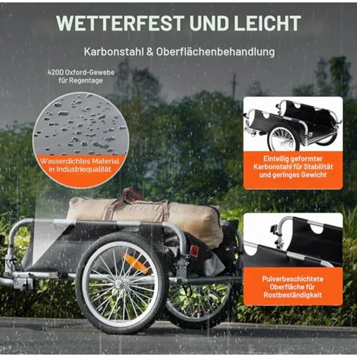 VEVOR Fahrradanhänger CT902B, 45 kg Tragkraft, faltbar, mit Universalkupplung und 41 cm Rädern, sichere Reflektoren, passend für 558,8-711,2 mm Fahrradräder – Bild 3