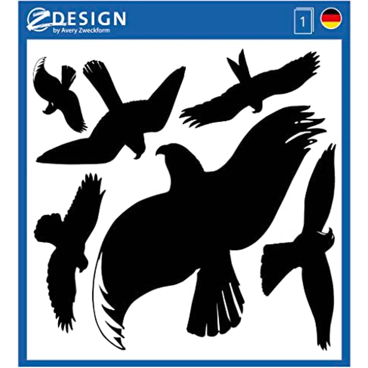 AVERY Zweckform 4485 Fenster-Aufkleber Warnvögel 6 Stück (Folie, schwarz, Vogelaufkleber für Scheiben, Wintergärten, Glashäuser, Vogelschutz, Vogel-Silhouetten, Schutz vor Vogelschlag, Fensterschutz) – Bild 1