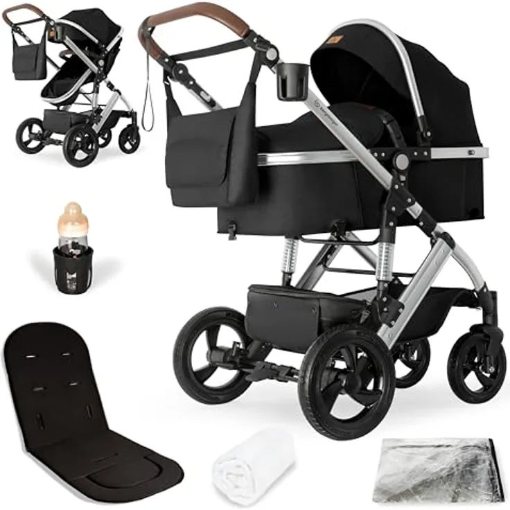 Bergsteiger Nizza 3 in 1 Kinderwagen, Kombikinderwagen Komplettset, Babywanne & Buggy Sportsitz inklusive, Auto-Babyschale & Isofix Station optional, grau