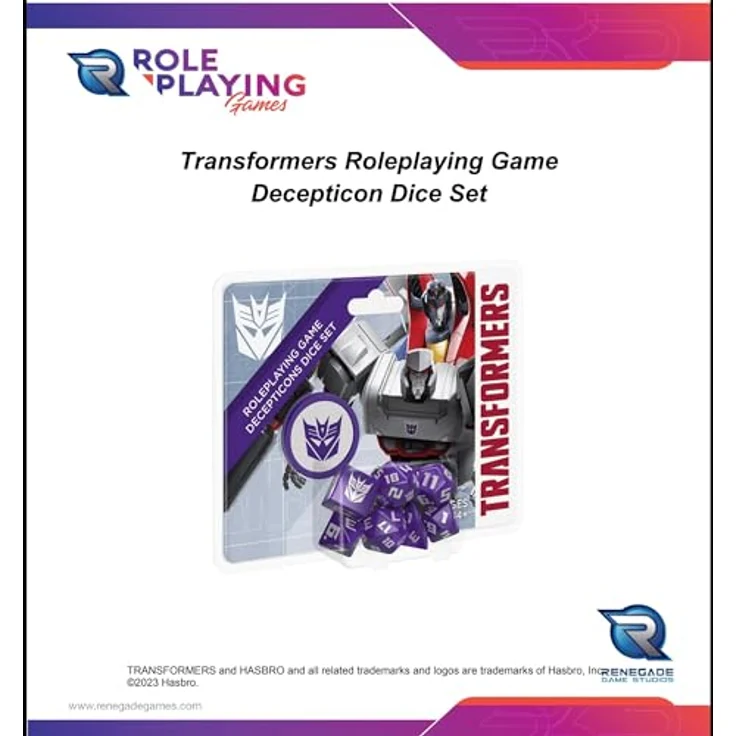 Renegade Game Studios Transformers RPG Decepticon-Würfel-Set, 8-teilig, violett, inklusive 2d20, d12, d10, d8, d6, d4 und d2-Münze, geeignet für Essence20 Rollenspielsystem – Bild 5