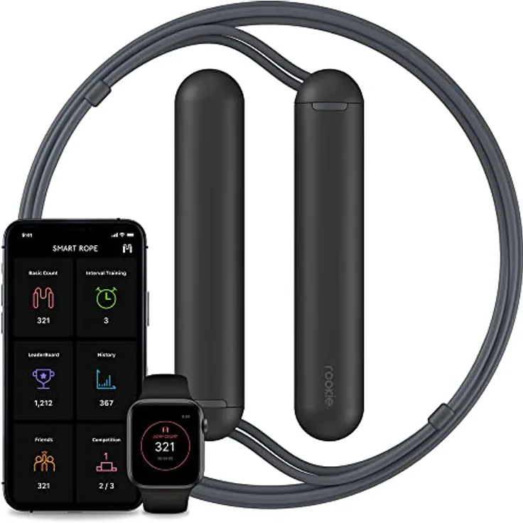 TANGRAM Smart Jump Rope Rookie (Black), mit Bluetooth Verbindung zur SmartRope-App, einstellbar und langanhaltende Knopfzellen-Batterie