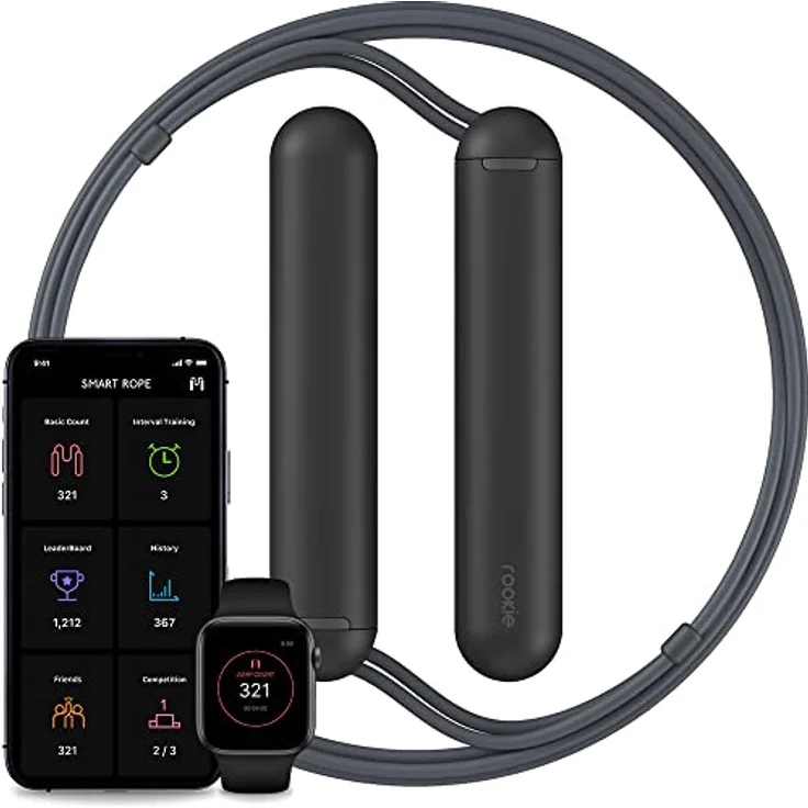 TANGRAM Smart Jump Rope Rookie (Black), mit Bluetooth Verbindung zur SmartRope-App, einstellbar und langanhaltende Knopfzellen-Batterie – Bild 1