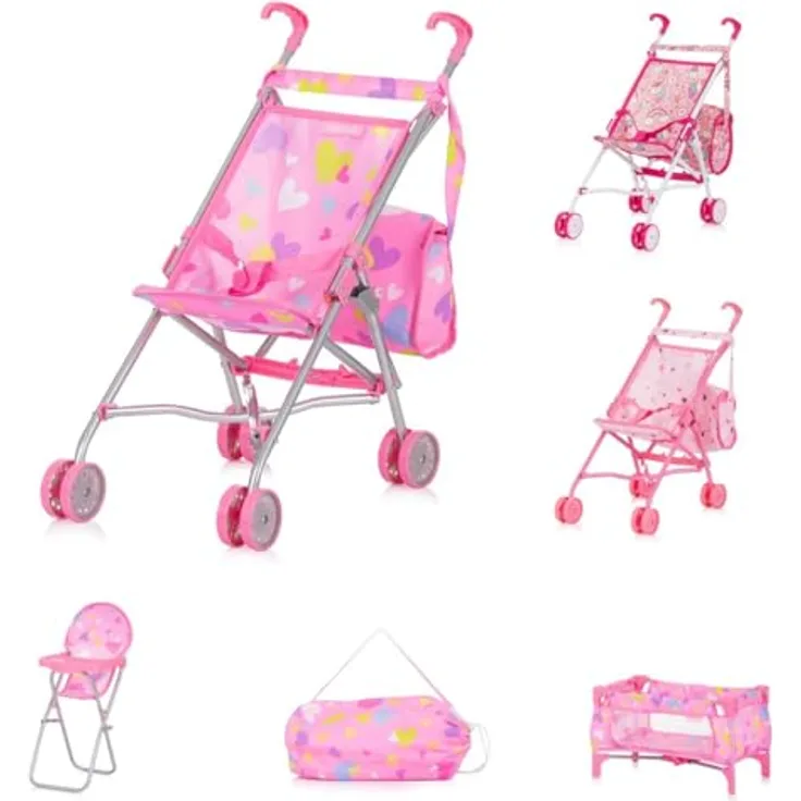 Chipolino Puppen-Zubehör-Set 3in1 Trixy Buggy Hochstuhl Tasche Laufstall faltbar, Farbe:rosa