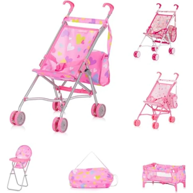 Chipolino Puppen-Zubehör-Set 3in1 Trixy Buggy Hochstuhl Tasche Laufstall faltbar, Farbe:rosa – Bild 1