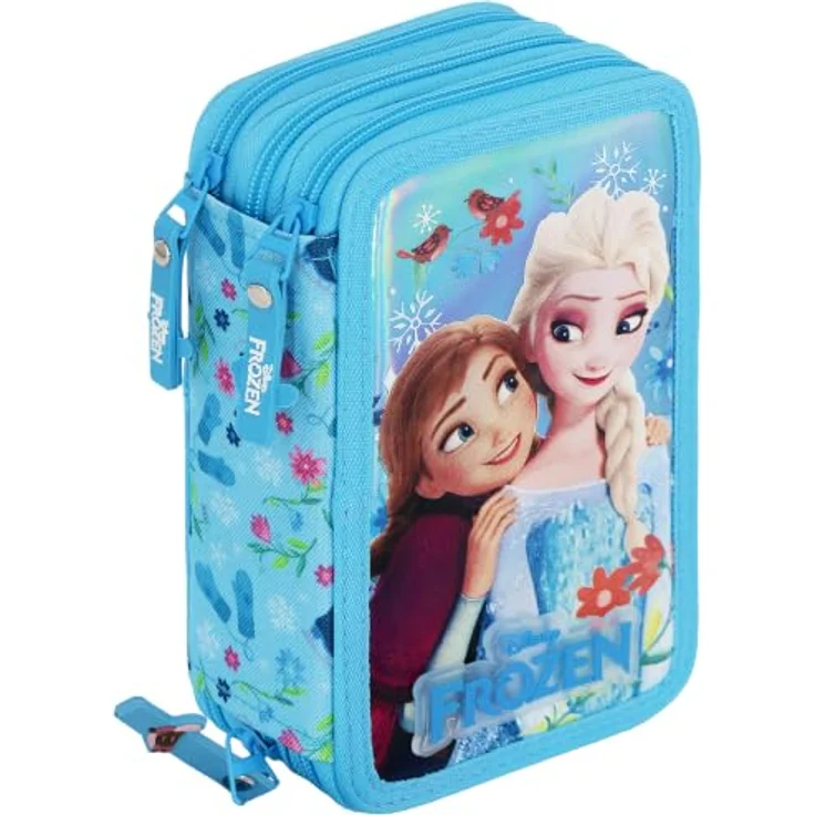 Clondo 3-Fach Federmäppchen Mädchen Gefüllt für Die Eiskönigin Frozen Fan, 46-teiliges Schulmäppchen Set mit Radierbaren Stiften, Filzstiften & Buntstiften, ideal für Schule & Geschenk, 20x12x7 cm – Bild 1