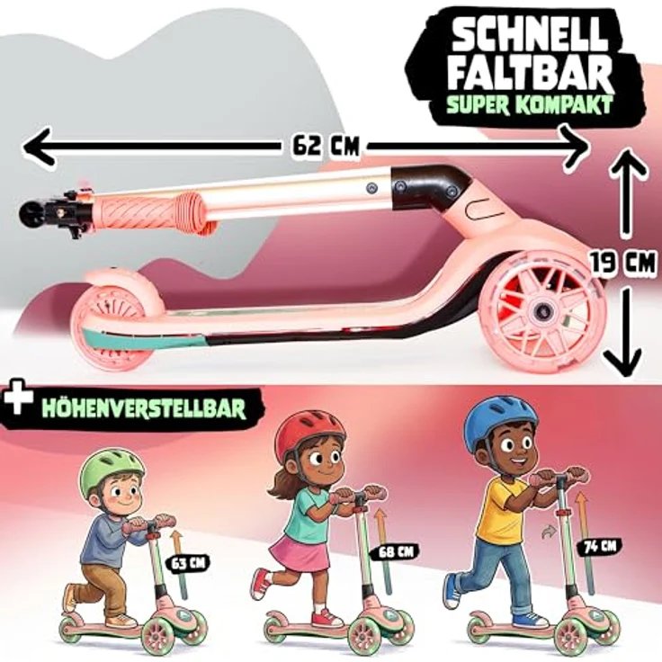 Apollo Whizzie LED Kinderroller, höhenverstellbarer Dreiradscooter für Kinder ab 3 Jahre, leuchtende LED-Räder, bis 60 kg belastbar – Bild 5