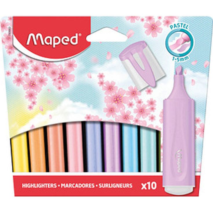 Maped Fluo Peps pastell Textmarker, 10 St. in Farben wie Peppermint, Blue Pearl und Lemon, lichtbeständig, InkJet-geeignet, ergonomische Keilspitze