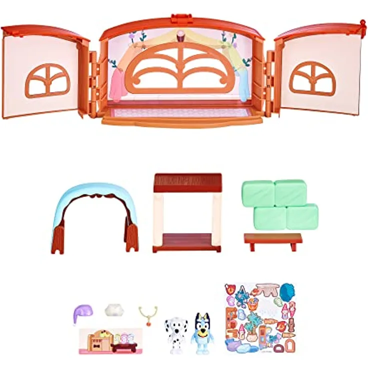 Blueys Calypso Schulspielset, Sammelfiguren Set mit Bluey und Chloe, orange, mit Zubehör und Aufklebern