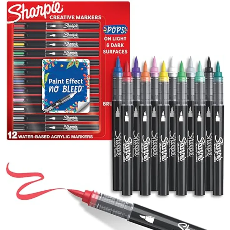 Sharpie Creative Marker Acryl-Farbstifte, 12er Set wasserbasierte Farbmarker mit Pinselspitze für kreative Projekte, gemischte Farben