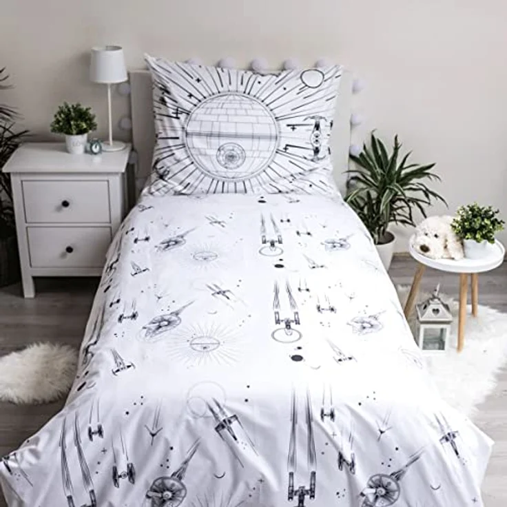 Jerry Fabrics Star Wars Todesstern, Raumschiffe, Weltraum, leuchtet im Dunkeln, Schwarz und Weiß Bettwäsche-Set, 100% Baumwolle, 140 x 200 cm Bettdecke und 70 x 90 cm Kissen mit Reißverschluss, für Kinder-Fans und Erwachsene – Bild 4