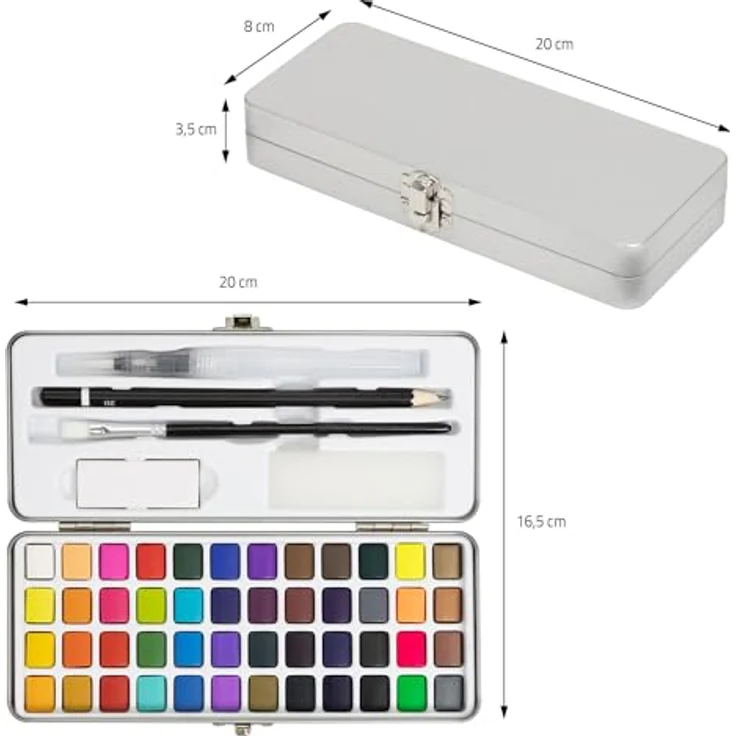ECD Germany Kreativset Malkoffer 49-tlg, Aquarellfarben Set mit 48 Farben, Pinsel, Bleistift 2B, in silberner Metallschachtel – Bild 7