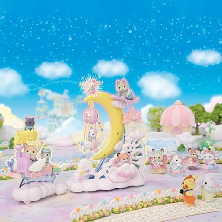 Sylvanian Families Magisches Luftschiff mit Milchkatzen-Babyfigur, inklusive beweglicher Figuren und Kombinationsmöglichkeit mit Regenbogenzug – Bild 5