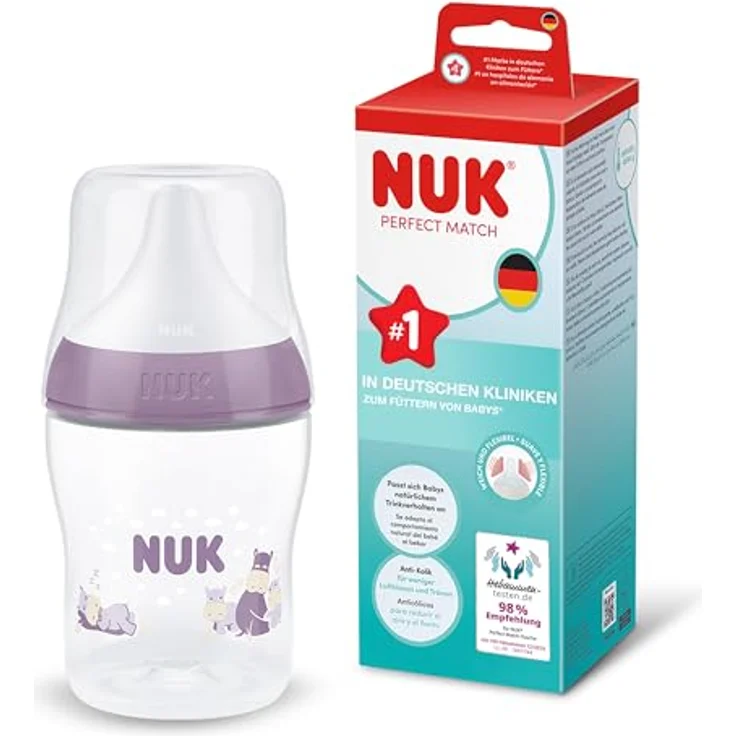 Nuk PP-Flasche Perfect Match + Silikon-Sauger 150 ml, Nilpferd, Gr. S, mit Temperature Control und Anti-Colic-Ventil – Bild 1