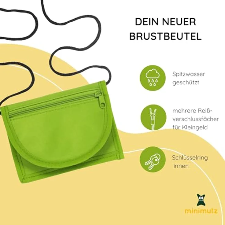 minimutz Kinder Geldbeutel, Geldbörse zum Umhängen mit Sichtfenster für Busausweis, Brustbeutel zum Schulanfang, grün, 100% Polyester, Klettverschluss, Reißverschluss – Bild 2