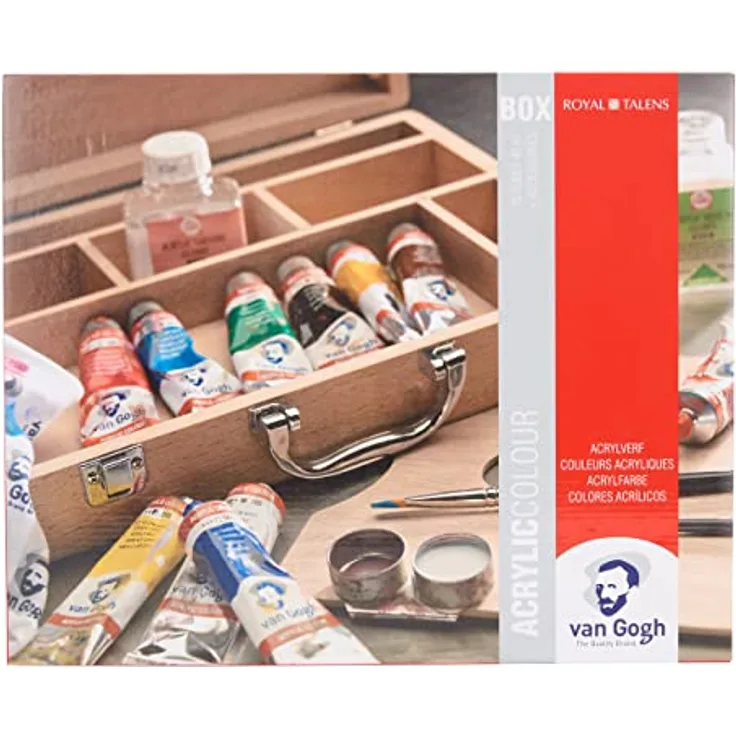 Talens Van Gogh Acrylfarben Set Basic, 10 Farben (40 ml) wasserverdünnbar, kurze Trocknungszeit, lichtbeständig, 16-tlg mit Zubehör