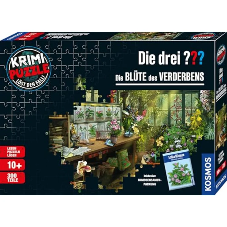 KOSMOS Die DREI ??? - Krimi Puzzle "Die Blüte des Verderbens", 300 Teile, inklusive Mimosensamen-Packung, interaktives Detektivspiel ab 10 Jahre – Bild 1