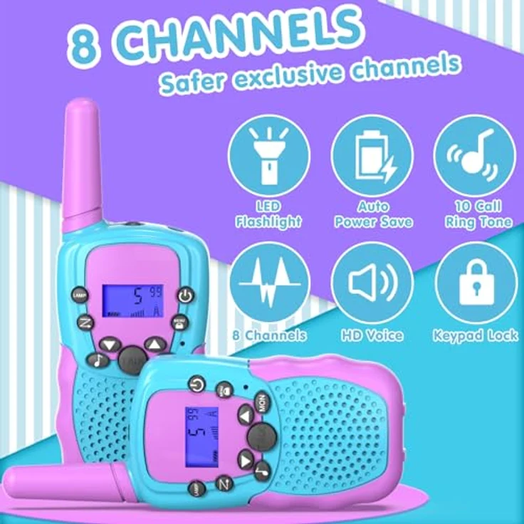 Kearui Walkie Talkies für Kinder, 8 Kanal Funkgerät mit VOX Funktion, LED-Taschenlampe und 3 Meilen Reichweite, Blau-Violett, ideal für Abenteuer im Freien, Camping und Wandern – Bild 3