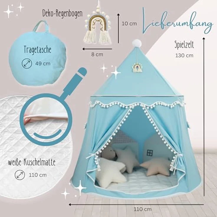 LIONHERZ® DAS ORIGINAL Spielzelt Prinzenschloss, atmungsaktiv aus Baumwolle&Hanf, himmelblau mit Zubehör, Fiberglasstangen, Tasche und Matte für Indoor-Nutzung – Bild 4