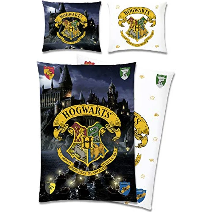 BERONAGE Harry Potter Wende-Bettwäsche Hogwarts 135 x 200 + 80 x 80 cm 100% Baumwolle Biber-Flanell-Qualität Gryffindor Hufflepuff Ravenclaw Slytherin Weasley Hermine - Deutsche Größe – Bild 1
