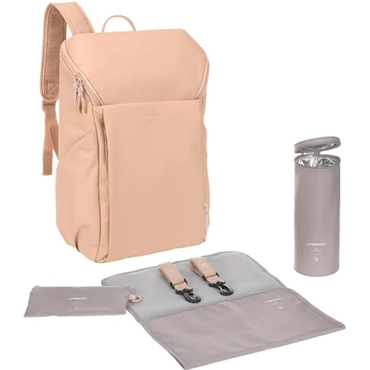 LÄSSIG Slender Up Backpack, Baby Wickelrucksack mit Wickelunterlage, Kinderwagenbefestigung und Flaschenhalter, camel – Bild 1