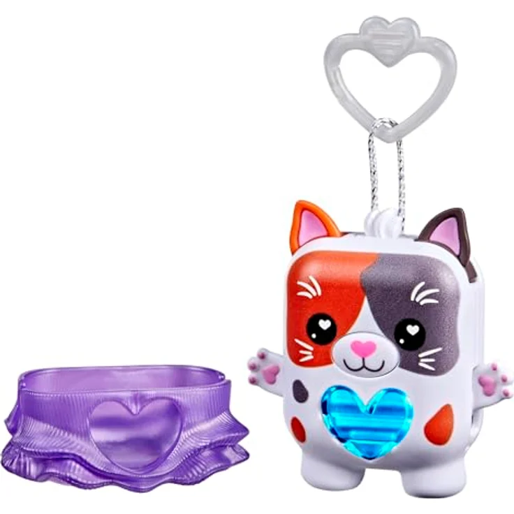 Nano-Mals Purrnelope, elektronisches Fidget-Tierchen mit farbwechselnder Herzanzeige, lila Kleid und Clip für Schlüsselanhänger – Bild 2