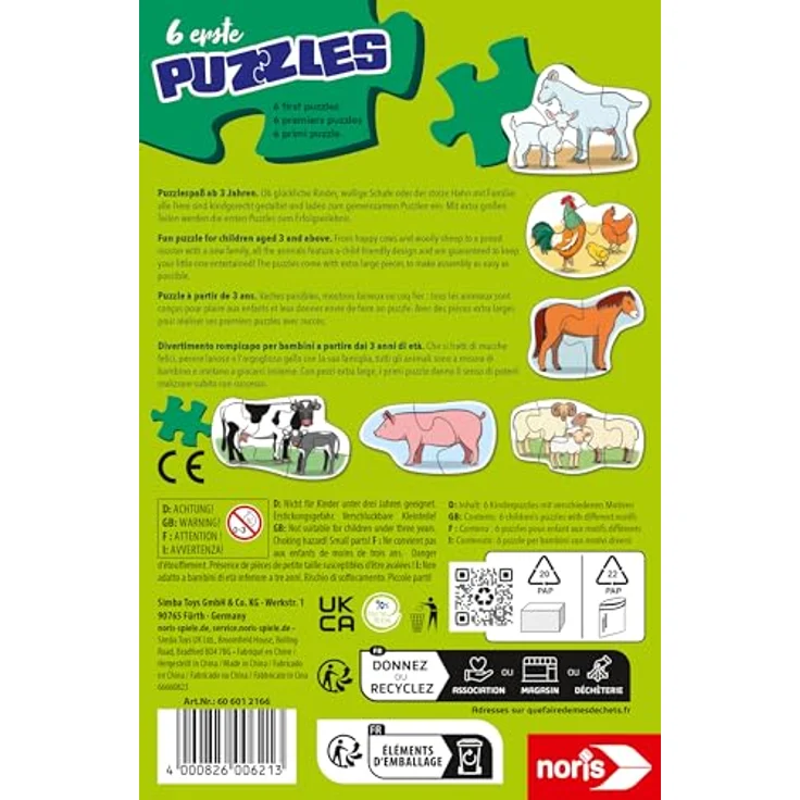 Noris 606012166, 6 erste Puzzles: Bauernhoftiere, für Kinder ab 3 Jahren mit großen Teilen (2-5 Stück) zur Förderung von Feinmotorik und Konzentration – Bild 2