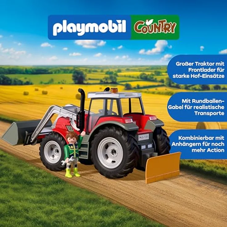 Playmobil Large Tractor with Hay Bales, Spielzeug-Traktor mit Frontlader, Rundballengabel und verstellbaren Anbaugeräten – Bild 3