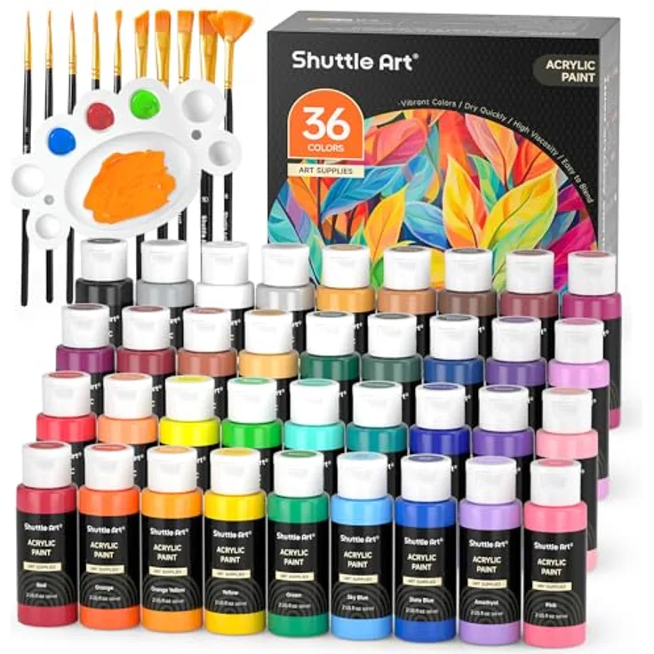 Shuttle Art Acrylfarben Set 36 Farben in 60ml Flaschen mit 12 Pinseln & 1 Palette, ungiftig, wasserfest, vielseitig für Leinwand, Holz, Stein