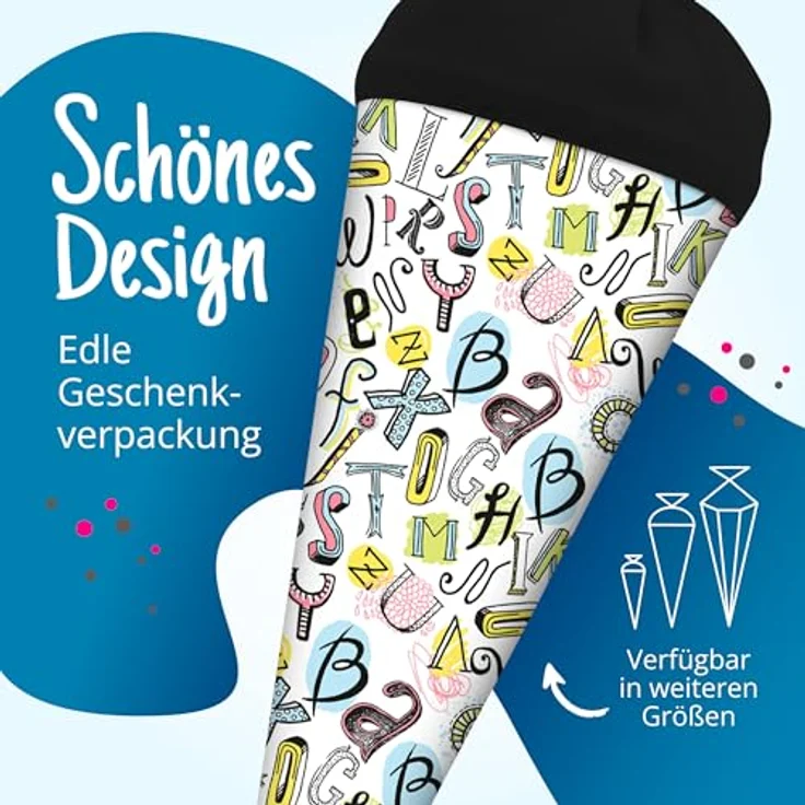 itenga Geschwisterschultüte 35cm, Geschenkverpackung für Schüler und Studenten, Motiv Buchstaben, rund mit Filzverschluss, ideal zum Schulstart und Ausbildungsbeginn – Bild 3