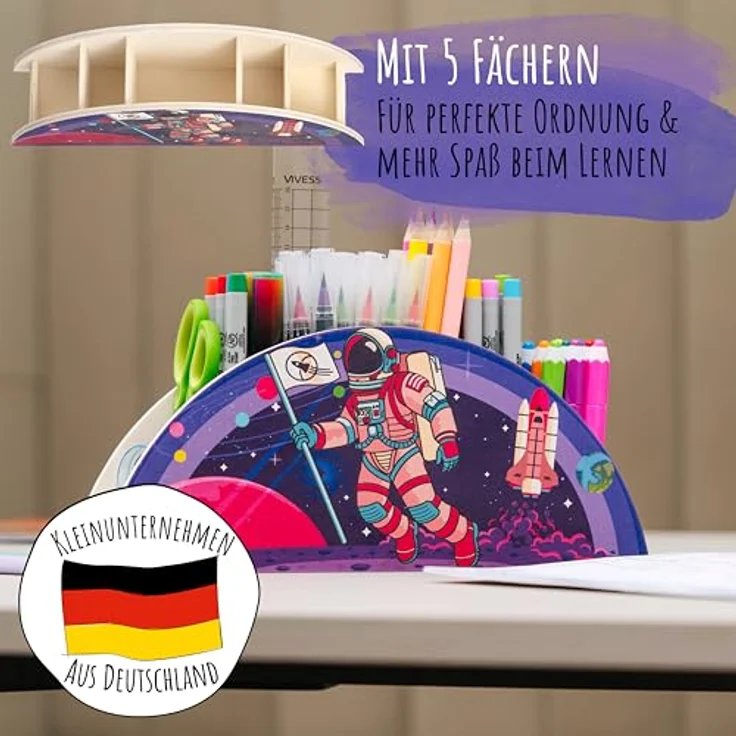 WAGOMA® Stiftehalter Kinder Astronaut, 5 Fächer, robust & langlebig, Schreibtisch Organizer mit farbenfrohem Astronauten-Motiv für Kinderzimmer – Bild 3