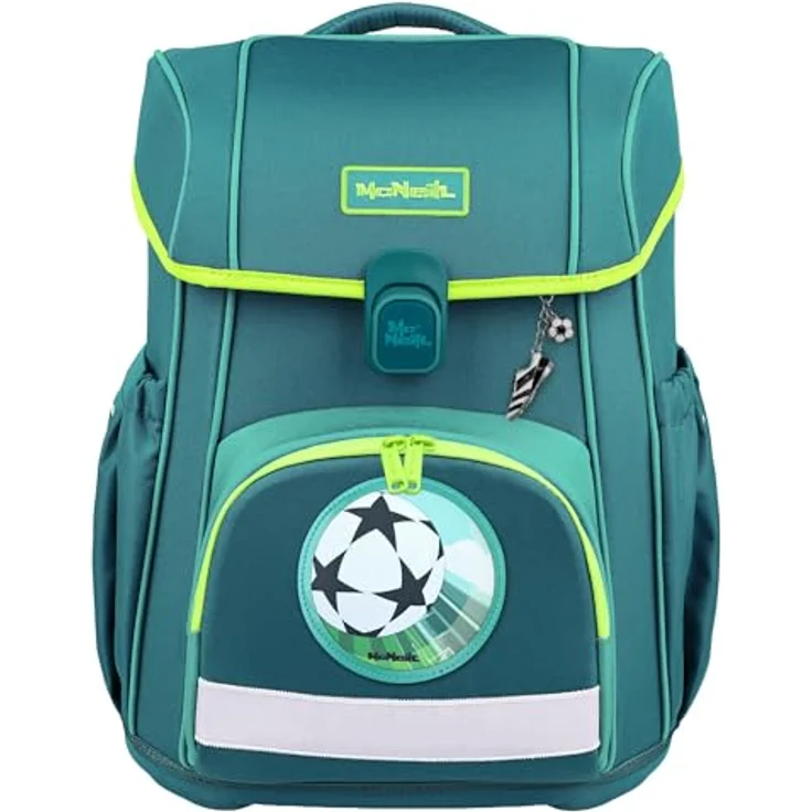 McNeill Schulranzen-Set BRAVO 9tlg., ergonomisch, höhenverstellbar, 21 L Volumen, petrolfarbenes Fußball-Rennwagen-Design – Bild 1