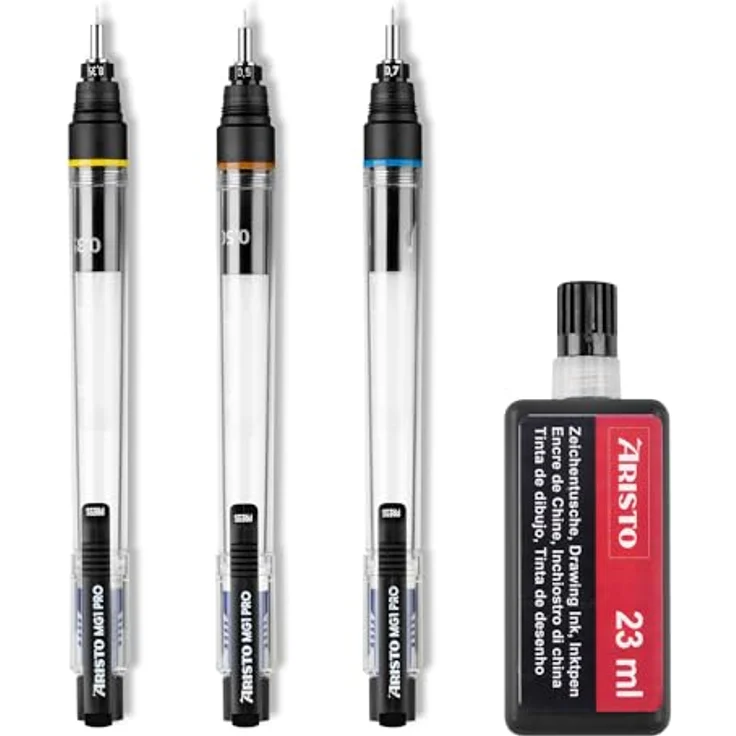 Aristo Tuschefüller Kassette 3ST Set, 3 Strichstärken (0.35mm, 0.50mm, 0.70mm), mit 23ml Nachfülltusche, Schwarz, Klarsicht-Etui – Bild 3