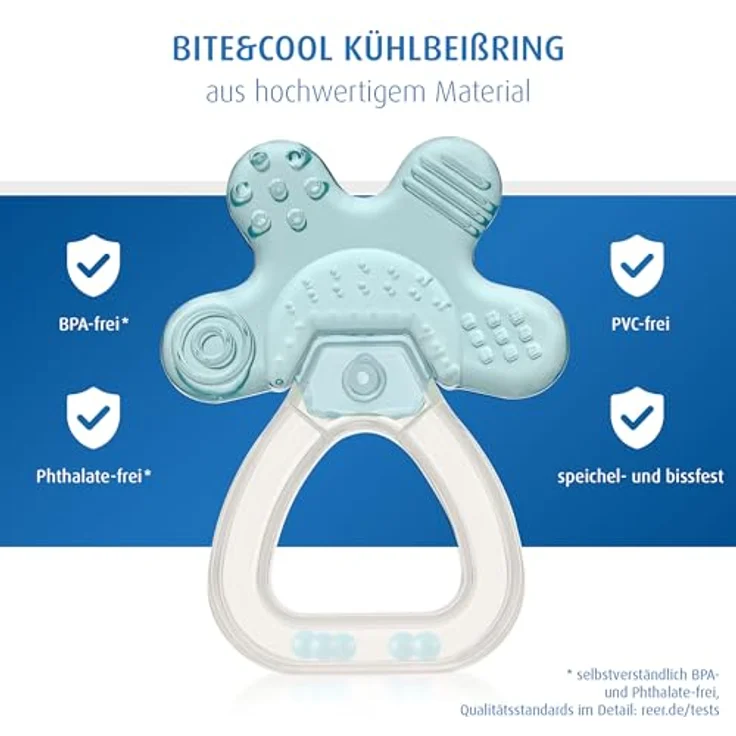 Reer Bite&Cool Kühlbeißring, drucklinderndes Zahngel für Babys ab 3 Monaten, transparent & blau – Bild 3